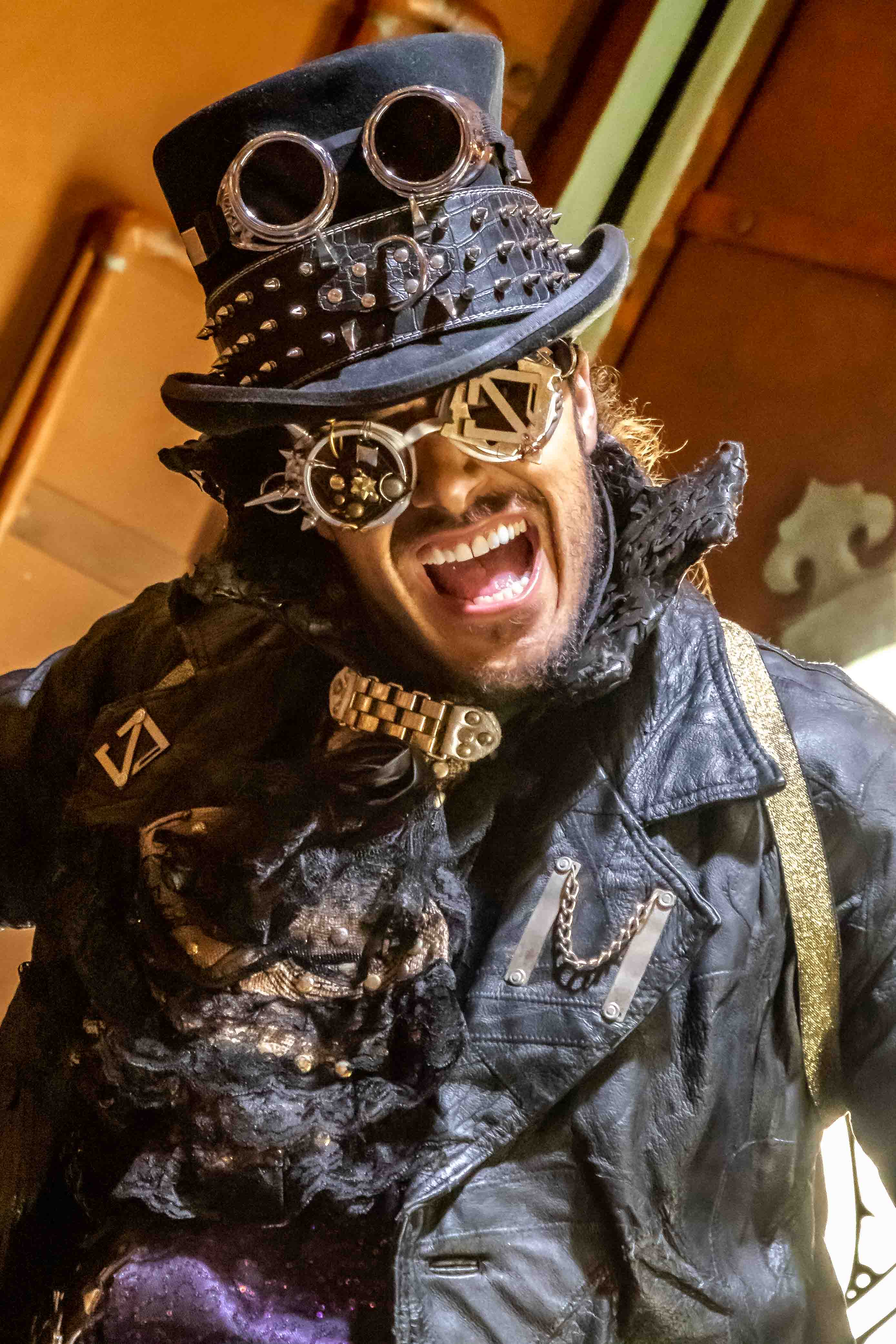 Steampunk character portrait — dramatic low-angle shot